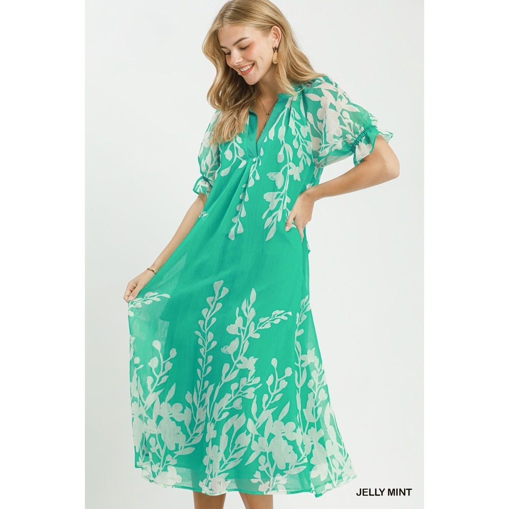 Umgee‎ Floral Print Tie Waist Midi Dress with Side Pockets - Jelly Mint - Large